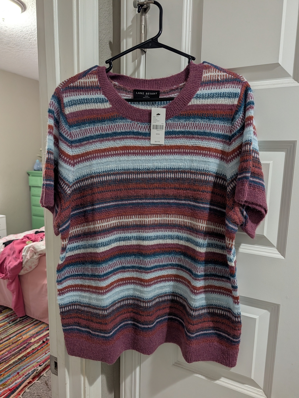 Lane Bryant Pink Striped Short-Sleeve Sweater